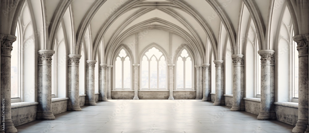 a large room with arched windows - obrazy, fototapety, plakaty 