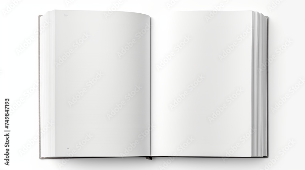 An open book or magazine is captured from a top view, isolated on a white background. An open book or magazine is captured from a top view, isolated on a white background.