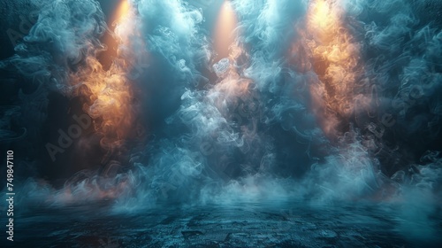 The background of the image has an abstract technology concept, a dark blue cement floor, a studio room with smoke floating into the background, a wall background with spotlights, laser lights, and a photo