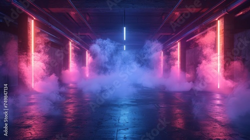 A studio room with smoke floating up, an empty street with a dark blue background, neon lights, and spotlights on the asphalt floor. It is a night view with laser light and future technology. © DZMITRY