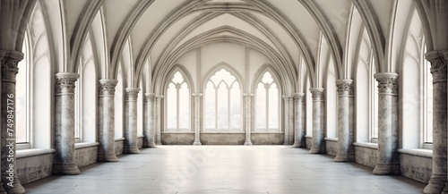 a large room with arched windows