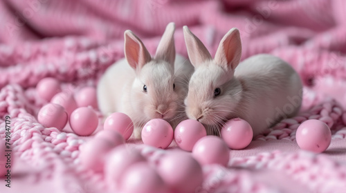 a couple of white rabbits laying next to each other on a bed of pink balls and pink balls on a pink blanket. photo