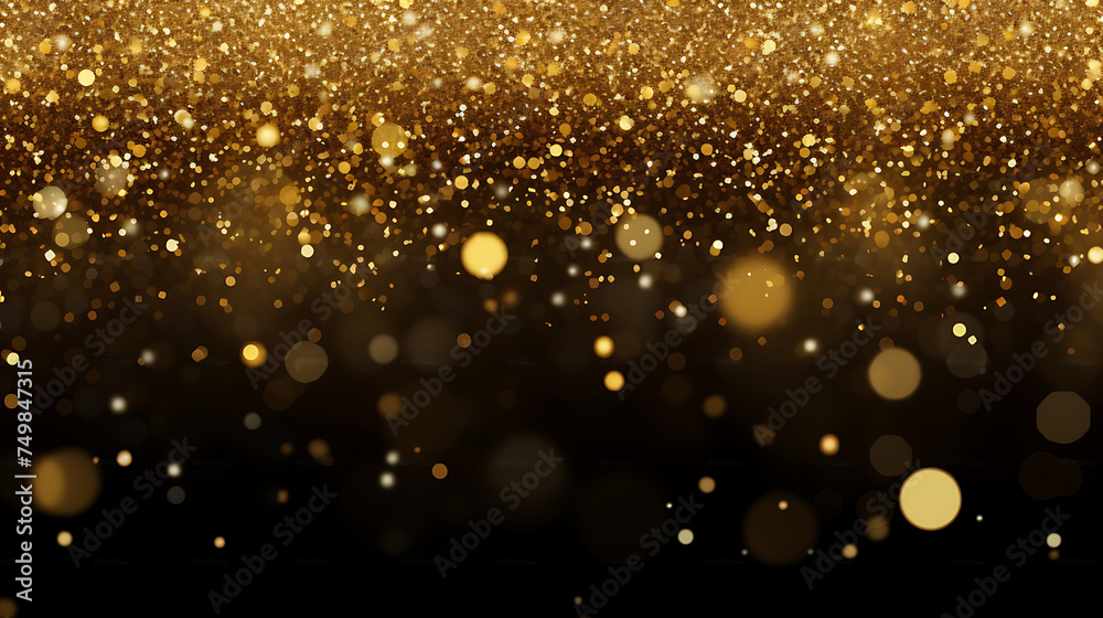  Festive vector background with gold glitter and confetti for celebration. Black background with glowing golden particles  - obrazy, fototapety, plakaty 