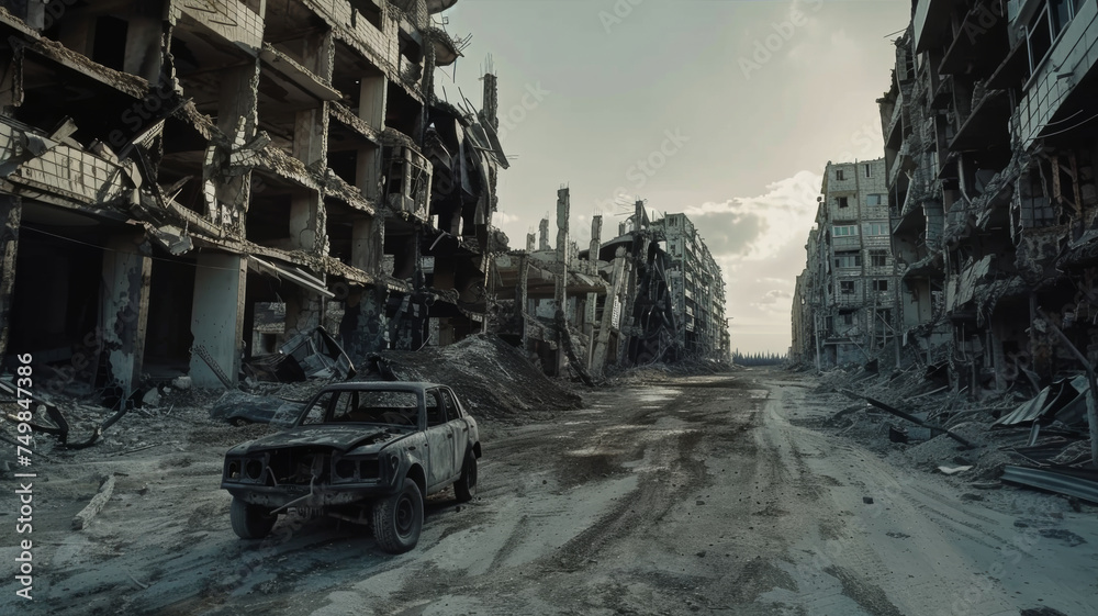 Abandoned car in desolated urban landscape, a silently powerful scene.
