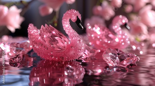 Fototapeta Naklejka Na Ścianę i Meble -  a pink swan sitting on top of a body of water next to a bunch of pink flowers and a diamond.