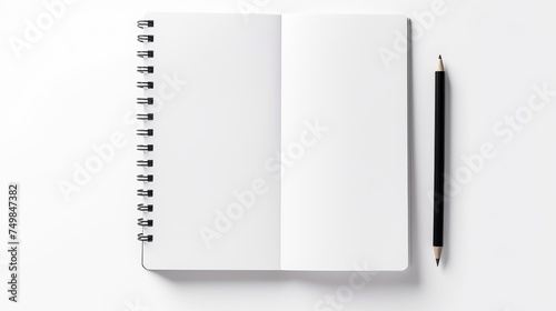 Business Concept - Top View of Blank Notebook on White Background Desk for Mockup. © Tahir