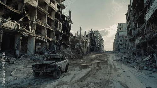 Abandoned car in desolated urban landscape, a silently powerful scene.