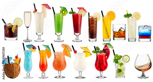 big set of colorful beverage isolated white background. alcoholic and alcohol free long drink shooter and refreshment collection