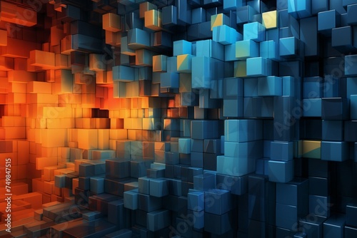 abstract dark mosaic background with many golden and red and blue block shapes  in the style of 3D rendering  digital art