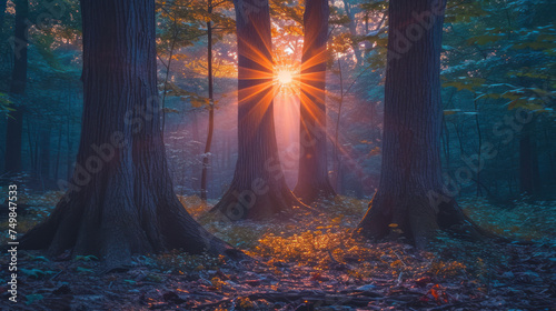 the sun shines through the trees in a forest with leaves on the ground and fallen leaves on the ground.