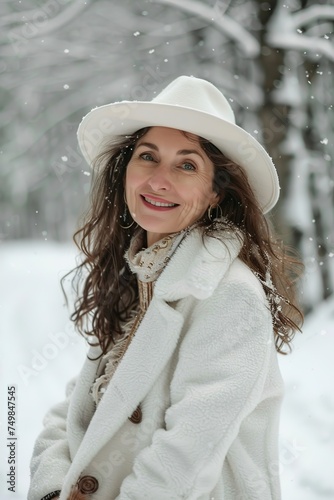 happy woman with white hat and coat smiling under the snow