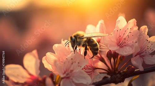 Close-up of a bumblebee, a bee on a pink flower collects Nectar, Pollen at a soft sunset. Nature, Landscape, Golden Hour, Summer, Animals, Insects, Wildlife concepts. Horizontal photo.