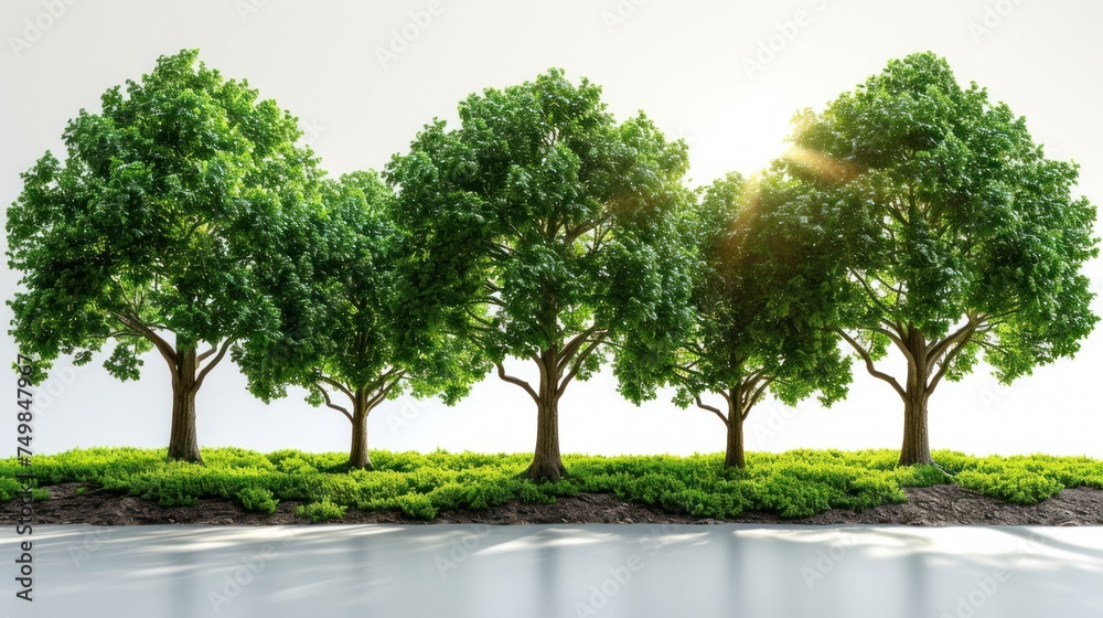 a row of trees sitting on top of a grass covered field next to a body of water with the sun shining through the trees. a row of trees sitting on top of a grass covered field next to a body of water with the sun shining through the trees.