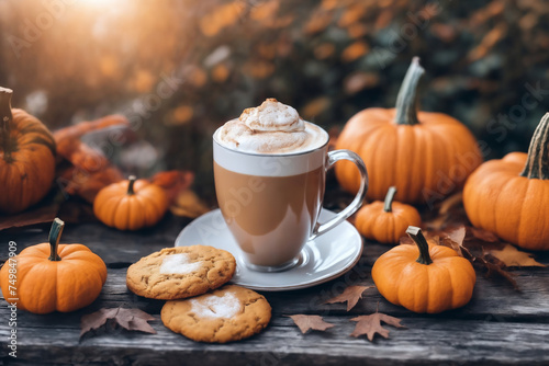 still life of a cup of hot latte and cookies and pumpkins on an old wooden table against the background of beautiful autumn nature at sunset, decoration for Halloween