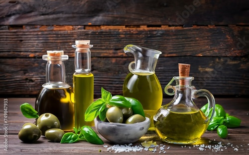 Olive oil in glass bottles served with basil leaves, salt and green olives over dark wooden background