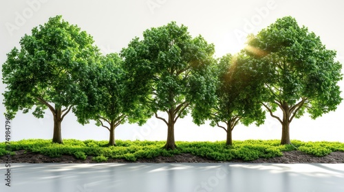 a row of trees sitting on top of a grass covered field next to a body of water with the sun shining through the trees.