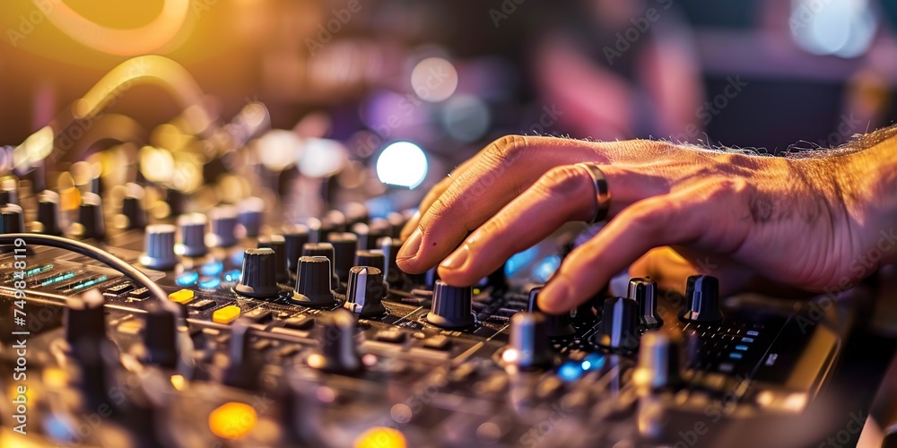 hands of a DJ on a mixer console during a concert hands of a DJ on a mixer console during a concert