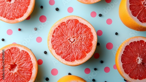 a group of grapefruits cut in half on a blue surface with pink polka dots and pink dots.