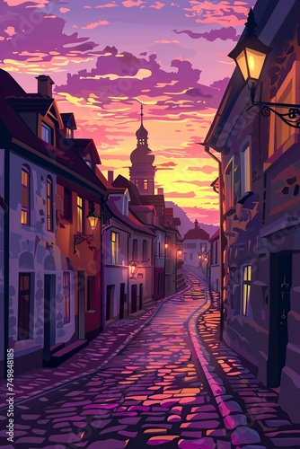 illustration cartoon, view of an old European street at dusk