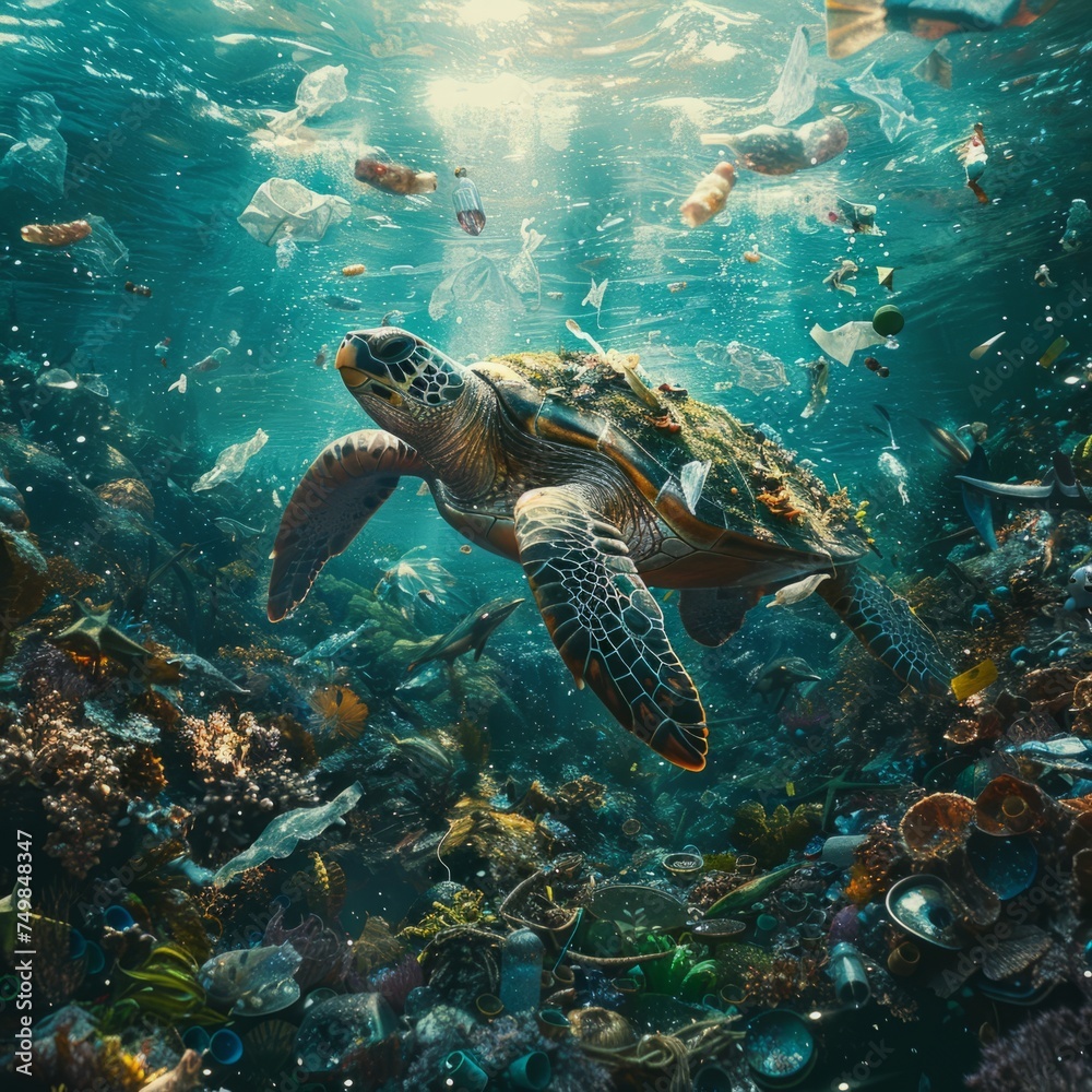 Obraz premium Turtle in polluted water. Ocean plastic pollution. Ecological, Environment concept, pollution problem.