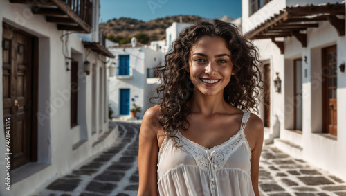 Bellissima ragazza sorride in un paese di un'isola della Grecia in una giornata di sole durante una vacanza estiva photo