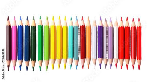 Group of Colored Pencils Lined Up in a Row. Each pencil showcases a different vibrant color creating a visually appealing display of art supplies. on White or PNG Transparent Background.