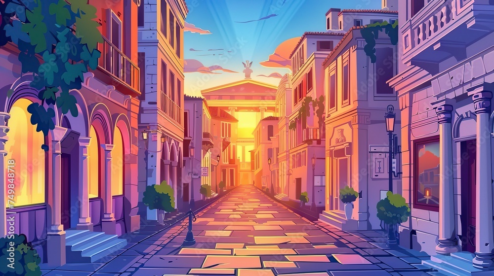 Fototapeta premium illustration cartoon, view of an old European street at dusk