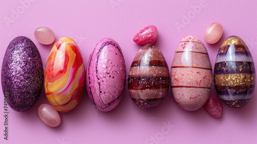 easter eggs lined up in a row on a pink background with speckled eggs in the middle of the row. photo