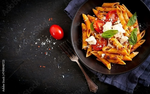 Pasta alla norma - traditional Italian food with eggplant, tomato, ricotta cheese and basil