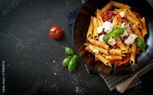 Pasta alla norma - traditional Italian food with eggplant, tomato, ricotta cheese and basil