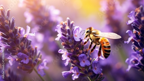Close-up of a bee on a Pink flower Pollinating Lavender in a field at a soft sunset. Nature  Landscape  Golden Hour  Summer  Animals  Insects  Wildlife concepts. Horizontal photo.