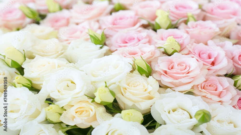 a bunch of pink and white roses are arranged in a close up view of the stems and leaves of the flowers.