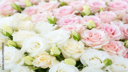 a bunch of pink and white roses are arranged in a close up view of the stems and leaves of the flowers.