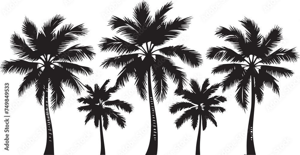 Set of coconut palm trees silhouette - obrazy, fototapety, plakaty 