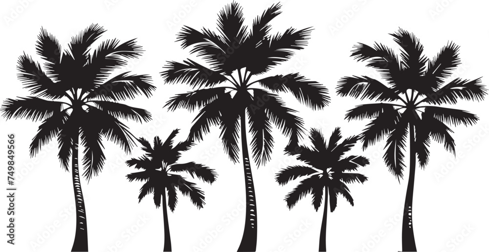 Obraz premium Coconut Palm Trees Silhouette Set – Tropical Beach Vector Collection