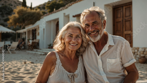 Bellissima coppia di anziani pensionati con i capelli bianchi, sorride su un isola della Grecia in una giornata di sole durante una vacanza
