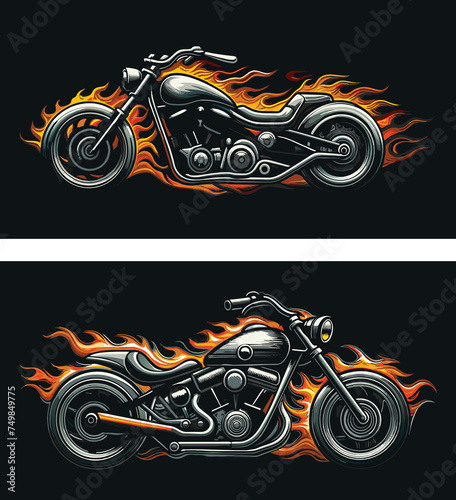 set of chopperbike with fireflame vector for sticker photo