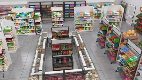 Supermarket interior with shelves of goods. 3d animation photo