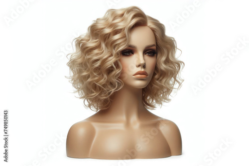Full female curly blond hair mannequin head isolated on white background. ai generative