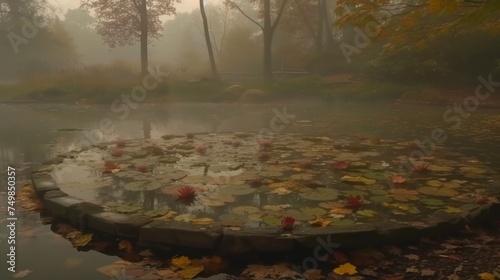 a pond with water lilies in the middle of a park in the middle of a foggy autumn day. photo