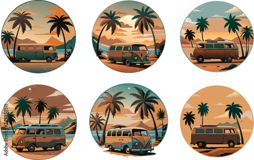 Set of campervan car vacation to the beach