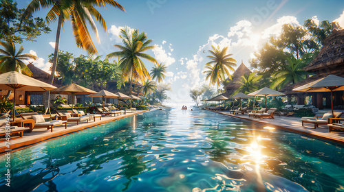 Tropical Paradise: Relaxing Beach Resort with Turquoise Water, Palm Trees, and Clear Sky