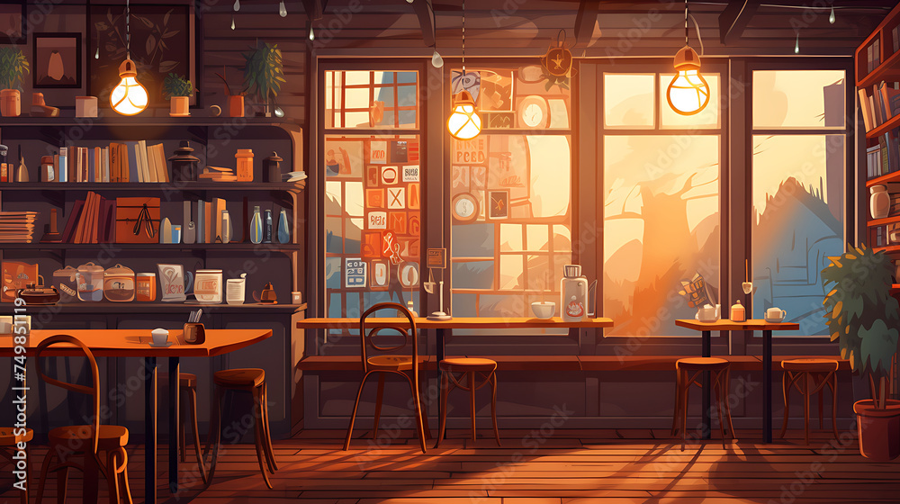 A vector illustration of a cozy coffee shop.