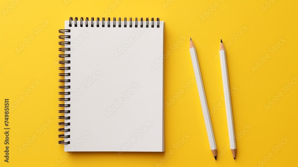Open Notebook on Corrugated Yellow Background with Pencil, Top View. Spiral Notepad with Blank Sheet, Flat Lay. School Concept, Desktop of Businessman. Open Notebook on Corrugated Yellow Background with Pencil, Top View. Spiral Notepad with Blank Sheet, Flat Lay. School Concept, Desktop of Businessman.