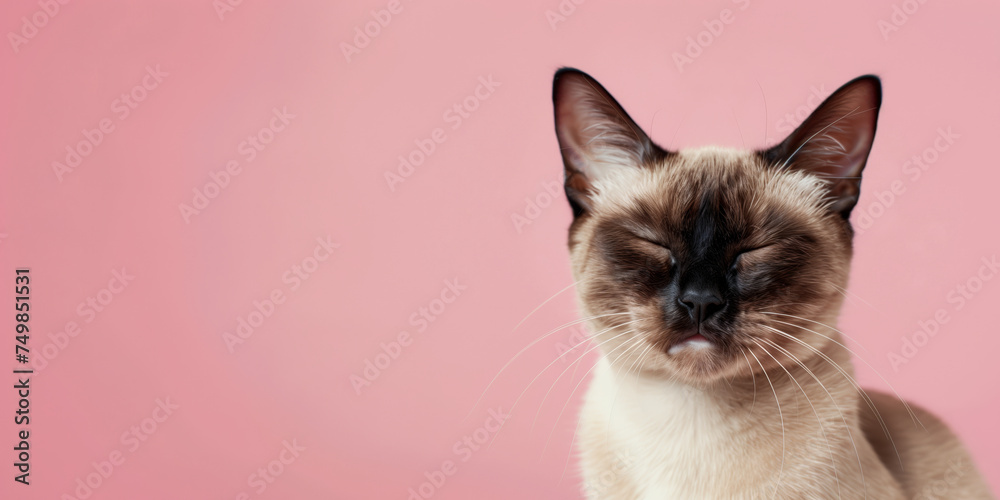 A cat is sitting on a pink background with a peaceful expression