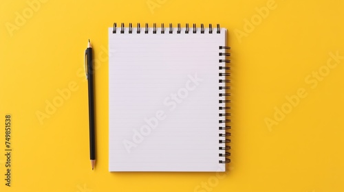 Open Notebook on Corrugated Yellow Background with Pencil, Top View. Spiral Notepad with Blank Sheet, Flat Lay. School Concept, Desktop of Businessman.