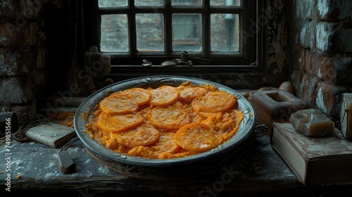 a dish of food sitting on top of a table next to a window with a book in front of it.