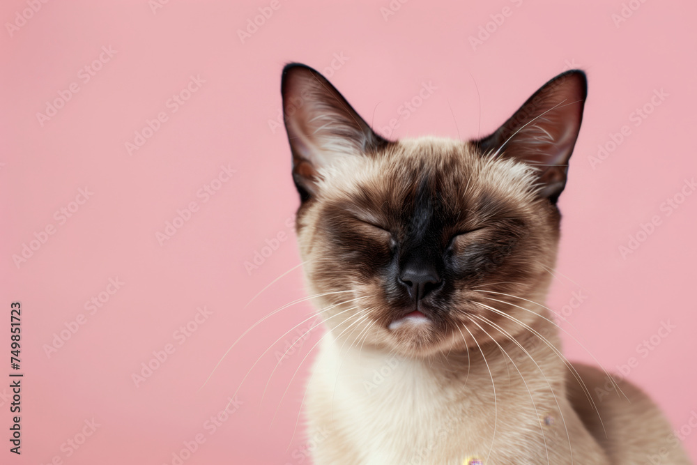 A cat is sitting on a pink background with its eyes closed