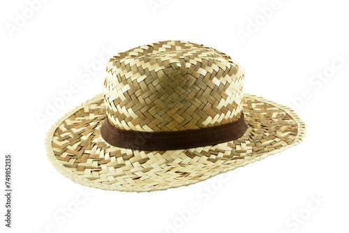 woven straw hat with ribbon strap isolated on transparent, farming headwear