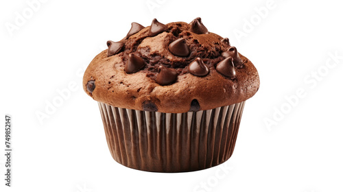 Delicious Chocolate Muffin With Chocolate Chips. A chocolate muffin topped with chocolate chips sits on a plate. The muffin is rich and moist, with visible chocolate chips on top.